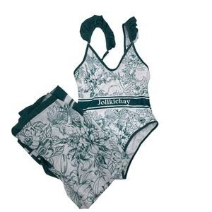 NWT Jollkichay Women's Medium Green Floral Skirt Cover Up One Piece Swimsuit